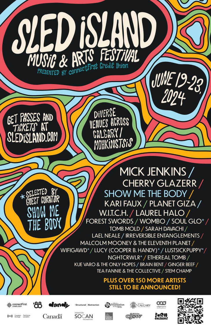 The official poster for Sled Island Music & Arts Festival, presented by connectFirst Credit Union. June 19-23, 2024. Diverse venues across Calgary/Mohkinstsis. Get passes and tickets at SledIsland.com.