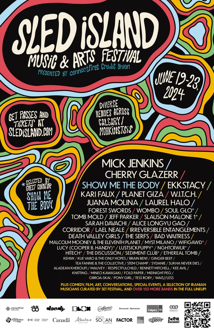 The official poster for Sled Island Music & Arts Festival, presented by connectFirst Credit Union. June 19-23, 2024. Diverse venues across Calgary/Mohkinstsis. Get passes and tickets at SledIsland.com. Colourful waves and bubbles fill up the poster. All other poster details can be found in the caption.