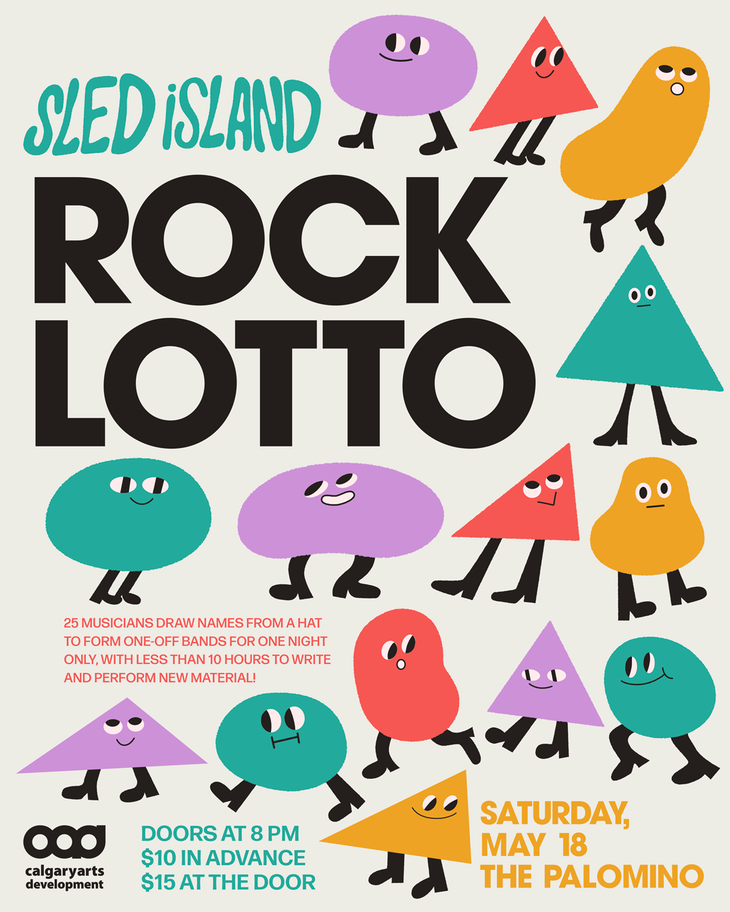 The official poster for the Sled Island Rock Lotto. Colourful illustrated characters populate the poster. The characters are different shapes and sizes, and all have eyes, mouths, legs and feet. All other poster information can be found in the caption.
