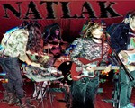 Experimental action shot of NATLAK performing on stage. Image has a double exposure effect and band name "NATLAK" is written in a vaporizing font.