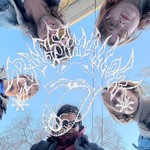 Taken from below, photo of five-piece bugswallow looking down toward the camera, with the sky filling the background. Text "BUGSWALLOW" as well as an illustrated mouth and tongue is layered on top.