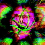 A vibrant, static-filled photo of a face, barely visible due to the high-contrast abstract effect. A green hue seems to be taking over the face, adding a surreal, unsettling touch.