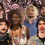 A digitally altered colour photo of the six members of the band “not a band” in front of a pink and black abstract background. Each person’s face has been edited with exaggerated facial features and mismatched styles such as oversized eyes, cartoonish lips, and odd wigs or facial hair.