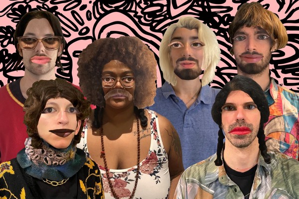 A digitally altered colour photo of the six members of the band “not a band” in front of a pink and black abstract background. Each person’s face has been edited with exaggerated facial features and mismatched styles such as oversized eyes, cartoonish lips, and odd wigs or facial hair.