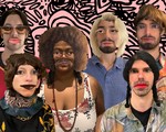 A digitally altered colour photo of the six members of the band “not a band” in front of a pink and black abstract background. Each person’s face has been edited with exaggerated facial features and mismatched styles such as oversized eyes, cartoonish lips, and odd wigs or facial hair.