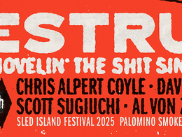White and black letters on a red background read "Estrus - Shovelin' the Shit Since '87. Chris Alpert Coyle, Dave Crider, Scott Sugiuchi, Al Von Zipper, and more! Sled Island Festival 2025. Palomino Smokehouse. 5pm-7pm" A illustration of a white devil with a black pitchfork sits to the left of the text.