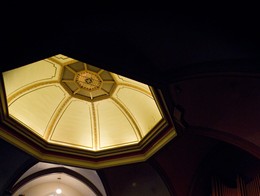 Photo focusing on the sunlit ceiling at Central United Church