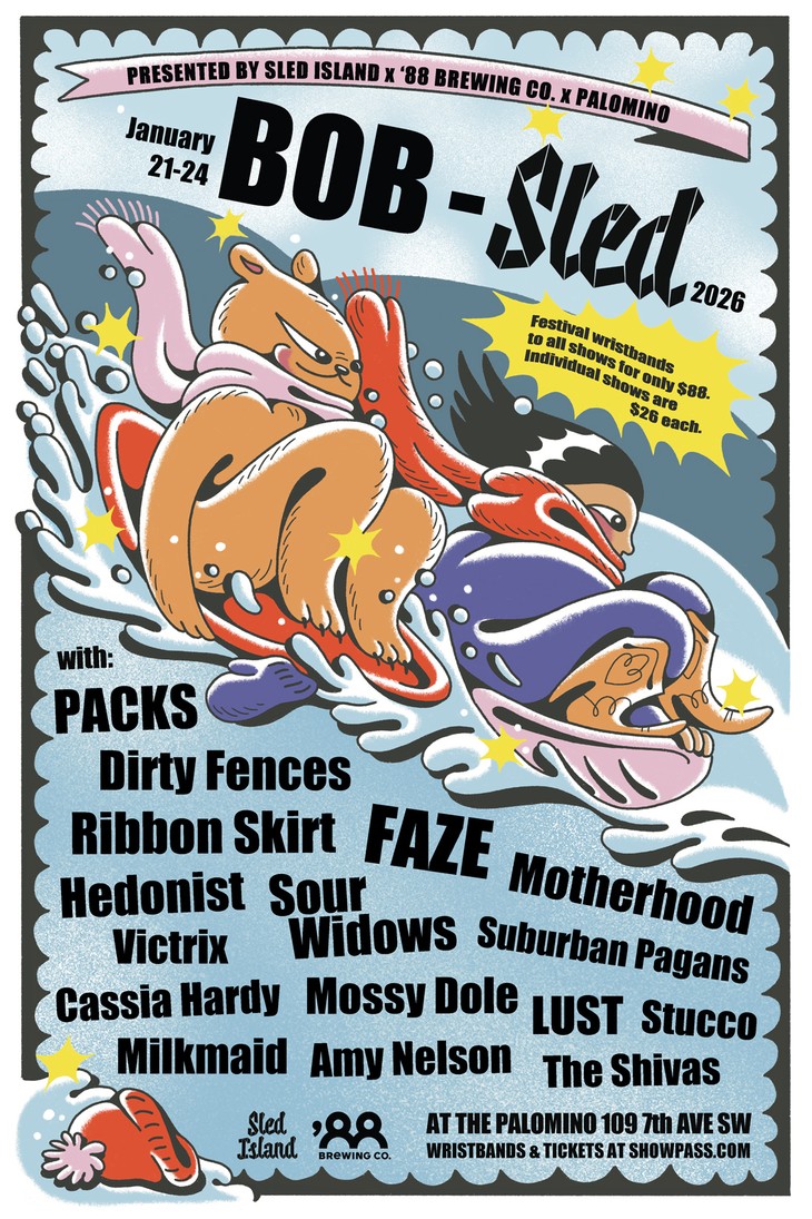 Promotional poster for “BOB-sled 2026,” a winter music festival presented by Sled Island, 88 Brewing Co., and Palomino. The illustration features cartoon-style characters sledding down a snowy hill under a starry sky, with vibrant motion lines and playful energy. Text highlights include festival dates (January 21–24), wristband pricing ($88 for all shows, $26 per show), venue (The Palomino, 109 7th Ave SW), ticket info (showpass.com), and a lineup of 16 musical acts including PACKS, Dirty Fences, Ribbon Skirt, The Shivas and more.