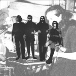 Double exposure style black and white image of punk quartet CAT PISS posed and layered on top of an action shot of them performing onstage.