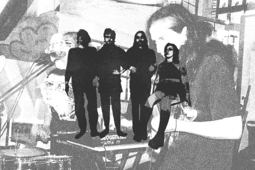 Double exposure style black and white image of punk quartet CAT PISS posed and layered on top of an action shot of them performing onstage.