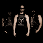 Sepia photo of trio Suffering Hour standing posed toward the camera, each are wearing a chain sash