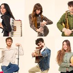 Black Country, New Road in a 3×2 grid of portraits, each holding their instrument against a pale studio backdrop. Their neutral expressions and simple staging give the image a quiet, art‑school formality reminiscent of Black Country, New Road’s visual style.