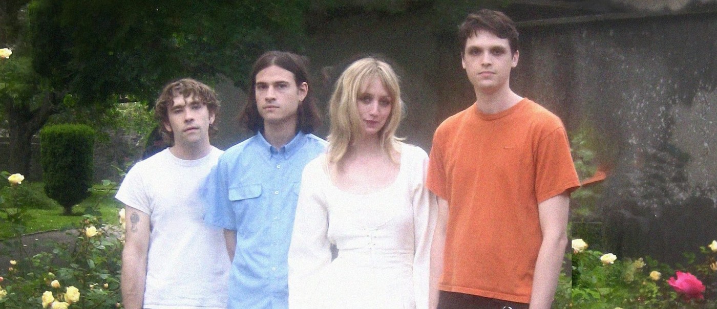 Photo of four-piece feeble little horse, posed standing in front of a bed of flowers
