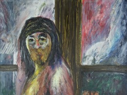 An abstract painting of a long‑haired figure in front of a four‑pane window, rendered with thick, textured strokes of yellow, pink, and brown. Behind the window, swirling bands of red, blue, green, and white create a turbulent, dreamlike backdrop.