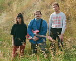 A colour photo shows three-piece Bluffing standing in a field with long green grass and wheat. The member in the middle holds a red guitar.