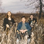 The three members of the group Heavydive are shown sitting in a field during autumn with a grey cloudy sky behind them and a tree to the right.