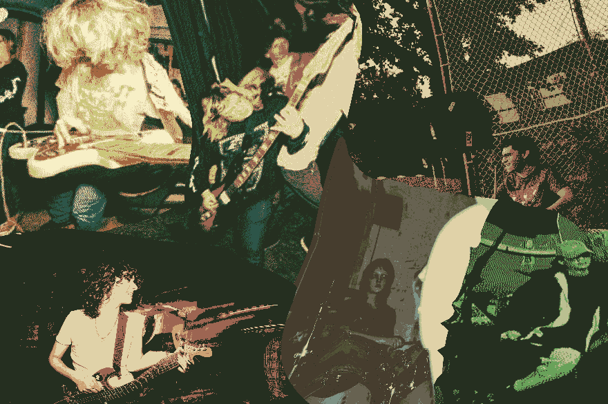 A collage of energetic performance shots of Thee Canadian Dispatch, featuring musicians playing electric guitars and drums in both indoor and outdoor settings. The layered images capture motion and intensity, with high‑contrast, stylized lighting and a vintage poster‑like aesthetic that emphasizes the band’s raw, dynamic energy.