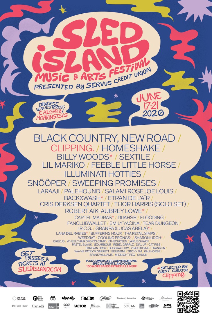 A vibrant, abstract poster for the Sled Island Music & Arts Festival 2026, featuring bold red, yellow, purple, and blue shapes layered behind playful, hand‑drawn typography. The text announces the festival dates—June 17–21, 2026—and its locations across Calgary/Mohkínstsis, along with a long list of featured artists including Black Country, New Road; clipping.; Homeshake; Billy Woods; Sextile; Lil Mariko; Feeble Little Horse; Illuminati Hotties; and many more. A note highlights that over 150 additional bands, plus comedy, art, conversations, and special events, are part of the full lineup. Sponsor logos line the bottom, including Servus Credit Union, Canada, Alberta, FACTOR, and SOCAN Foundation.